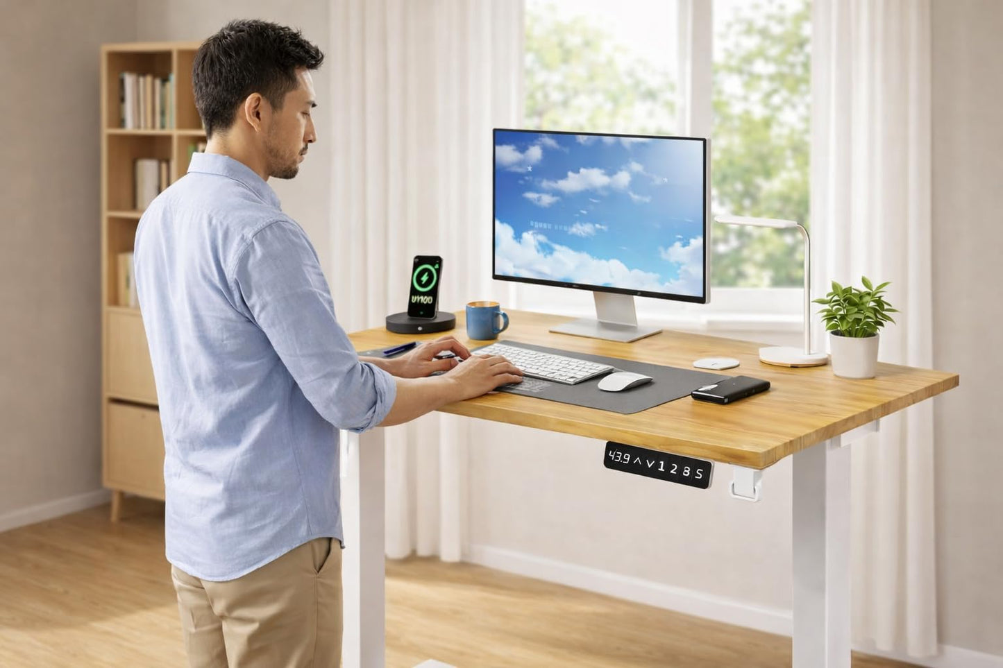 SKY-TOUCH Standing Desk Height Adjustable Desk, Electric Lifting Table, Motion Desk with Smart Control Panel & 2 Memory Presets, 2-Piece Wood Desktop Workstation for Home Office - 120×60cm