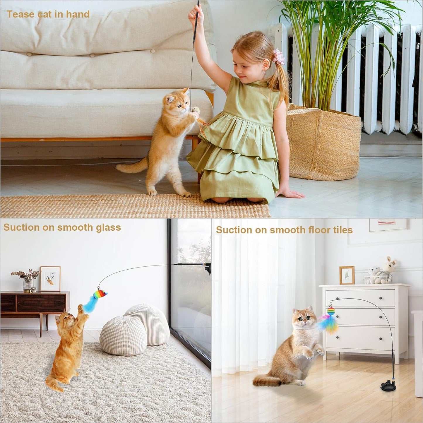 SKY-TOUCH 9in1 Interactive Automatic Cat Teaser Wand Toy with Strong Suction Cup, Cat Feather Toys with 8 PCS Feather Replacements - with Bell,Interactive Kitten Sticks for Indoor Cats