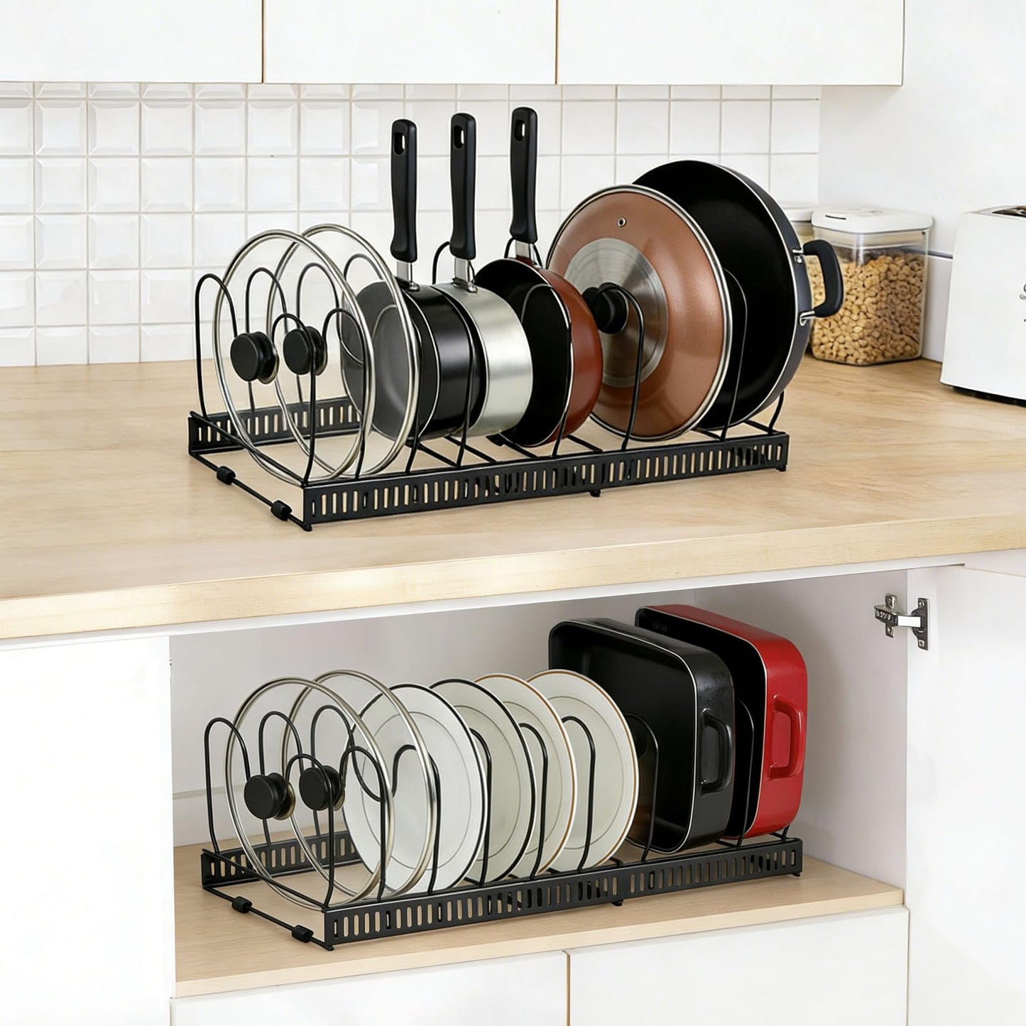 SKY-TOUCH Pot and Pan Organizers Rack : Expandable Pot Lid Organizer Holder with 10 Adjustable Compartment Cookware Plate Rack for Kitchen Cabinet Black