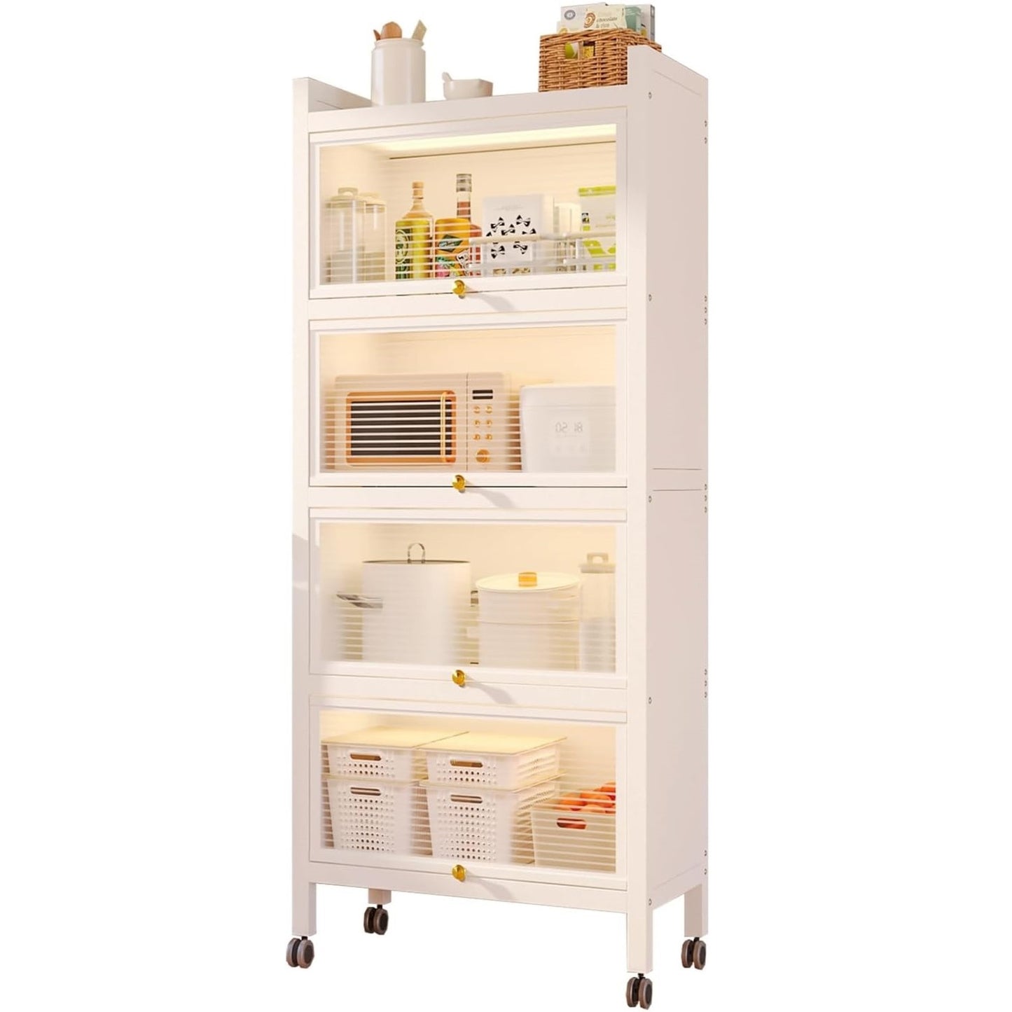 SKY-TOUCH 5-Tier Storage Cabinet : Standing Shelf Units with 4 Door Bookshelf Bookcase with 4 Wheels Storage Rack Organizer Workstation for Kitchen Home Office Pantry Study (White 144 * 55 * 32cm)