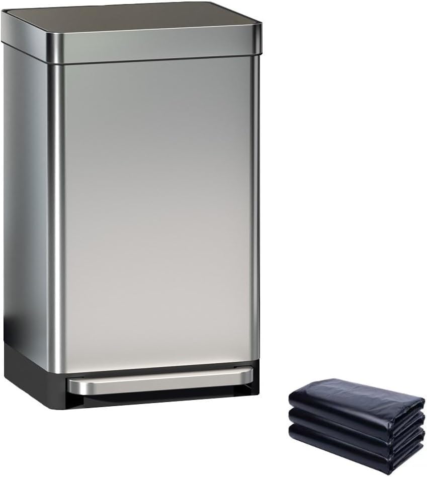 SKY-TOUCH 50L Stainless Steel Trash Can : Heavy Duty Metal Garbage Bin with Foot Pedal and Removable Inner Bucket Fingerprint Proof Pedal Rubbish Bin for Home Office (with 50pcs 80*100 cm Trash Bags)