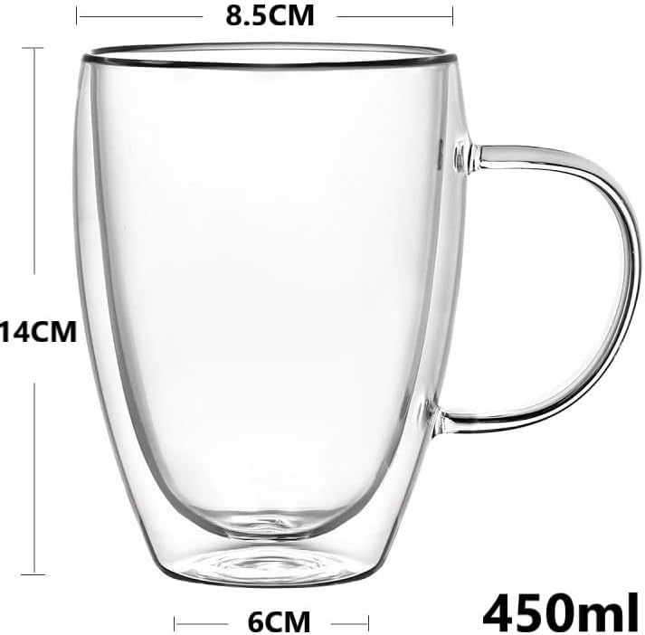 SKY-TOUCH 2Pack 450ml Double Wall Glass Coffee Mugs : Insulated Layer Clear Coffee Cups with Handle for Hot Beverage Cold Drinks Tea Espresso Cappuccino Latte Americano Juice