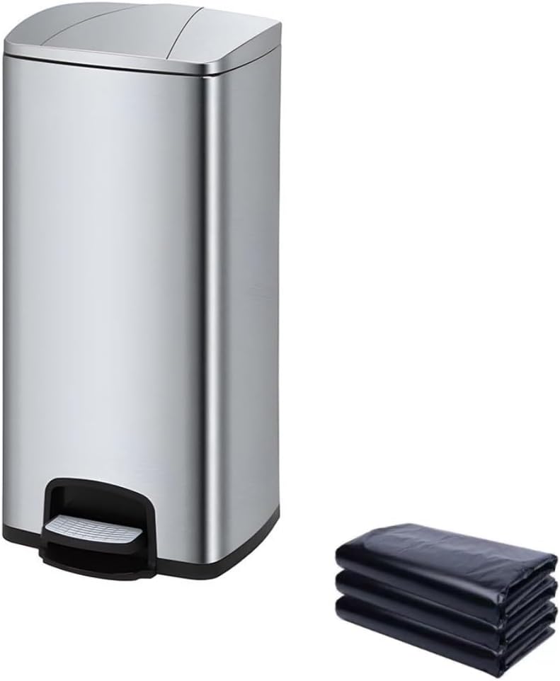 SKY-TOUCH 30L Stainless Steel Trash Can : Heavy Duty Metal Garbage Bin with Foot Pedal and Removable Inner Bucket Fingerprint Proof Pedal Rubbish Bin for Home Office (with 50pcs 70*90 cm Trash Bags)