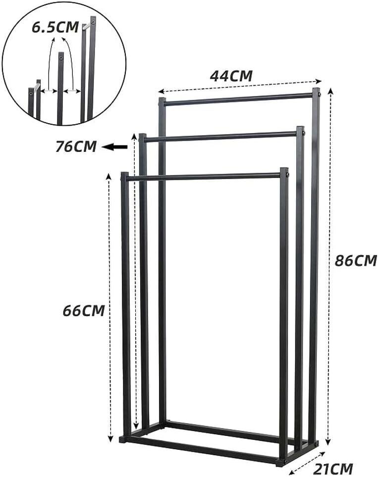 SKY-TOUCH 3 Tiers Metal Towel Rack : Freestanding Floor Towel Rack Stand Washcloths Drying Storage Display Rack for Bathroom Tub Shower Poolside (86 * 44 * 21cm Black)