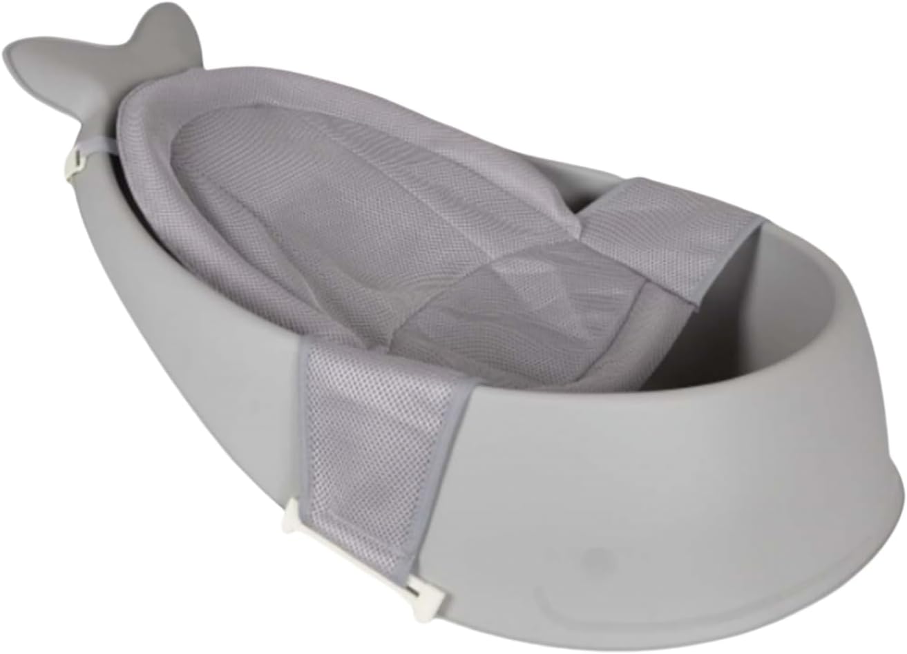 SKY-TOUCH Baby Bath Tub with Bathmat Cushion, Whale Baby Bathtub with Drain Hole, Shower Basin with Non-Slip for Baby Boy Girl (Grey)