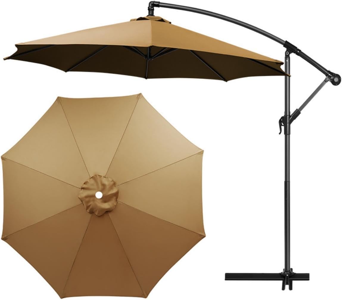 SKY-TOUCH 3M Patio Umbrella: 8 Ribs Offset Hanging Sun Shade Umbrella with Adjustable Height and Tilt Angle Fade Resistant Recycled Fabric Canopy for Yard Garden (Only Cross Base, Beige)