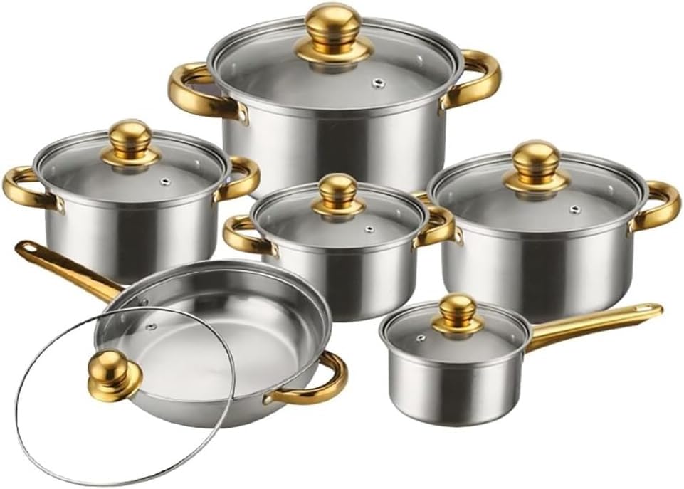 SKY-TOUCH 12PCS Stainless Steel Cookware Set : Heavy Pots & Pans Setve with Tempered Glass Lids Kitchen Essentials for Cooking (Gold)