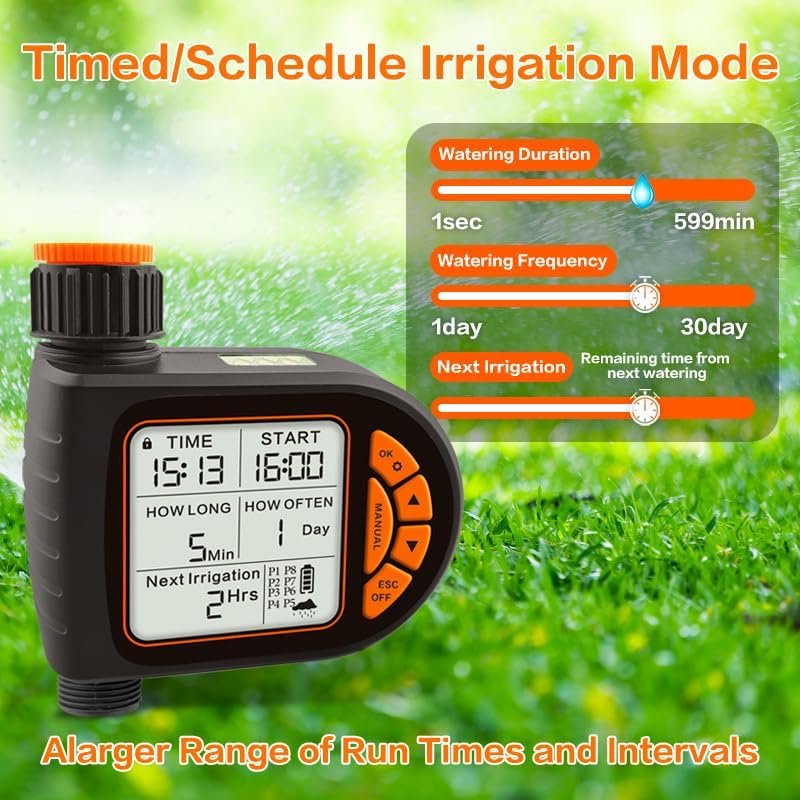 SKY-TOUCH Smart Water Timer, Waterproof Sprinkler Timer, Programmable Irrigation Controller with Rain Sensor, Manual & Automatic Watering Modes, LCD Display, Child Lock, for Outdoor Garden Lawn