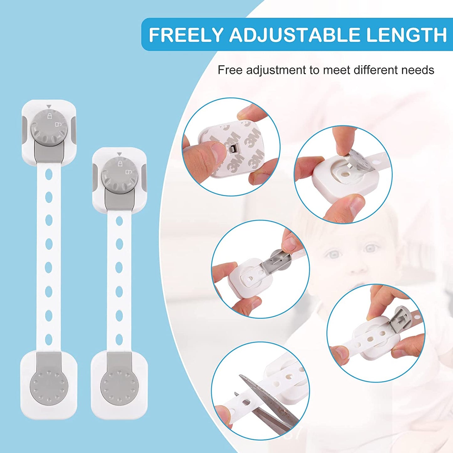SKY TOUCH 6pcs Baby Safety Lock£¬Child Safety Locks£¬Multi Functional Adjustable Double Button Baby Anti Clip Latch System For Cabinets, Drawers, Fridge, Closet Doors Etc, White