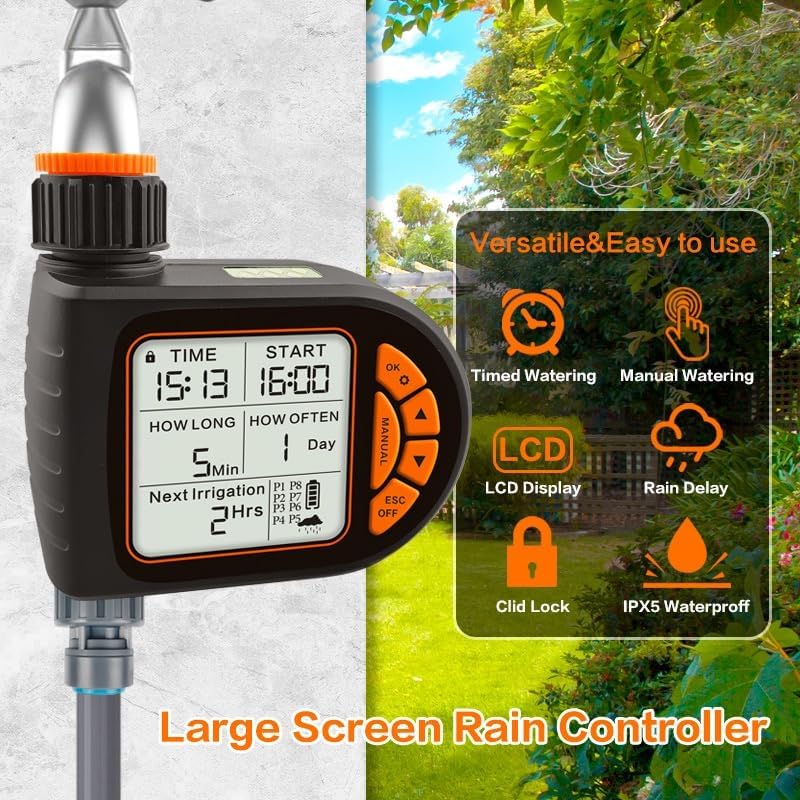 SKY-TOUCH Smart Water Timer, Waterproof Sprinkler Timer, Programmable Irrigation Controller with Rain Sensor, Manual & Automatic Watering Modes, LCD Display, Child Lock, for Outdoor Garden Lawn