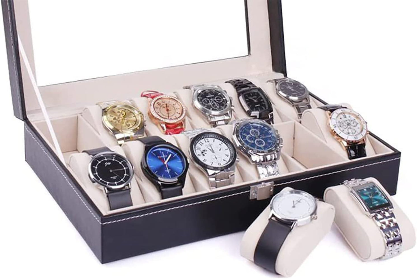 SKY-TOUCH 12 grid watch box£¬PU Leather Watch Case Watch Box for Men and Women£¬Watch Display Case with Glass Lids and Removable Pillow£¬Watch Display Storage Box as Gift for Valentines Day Birthday