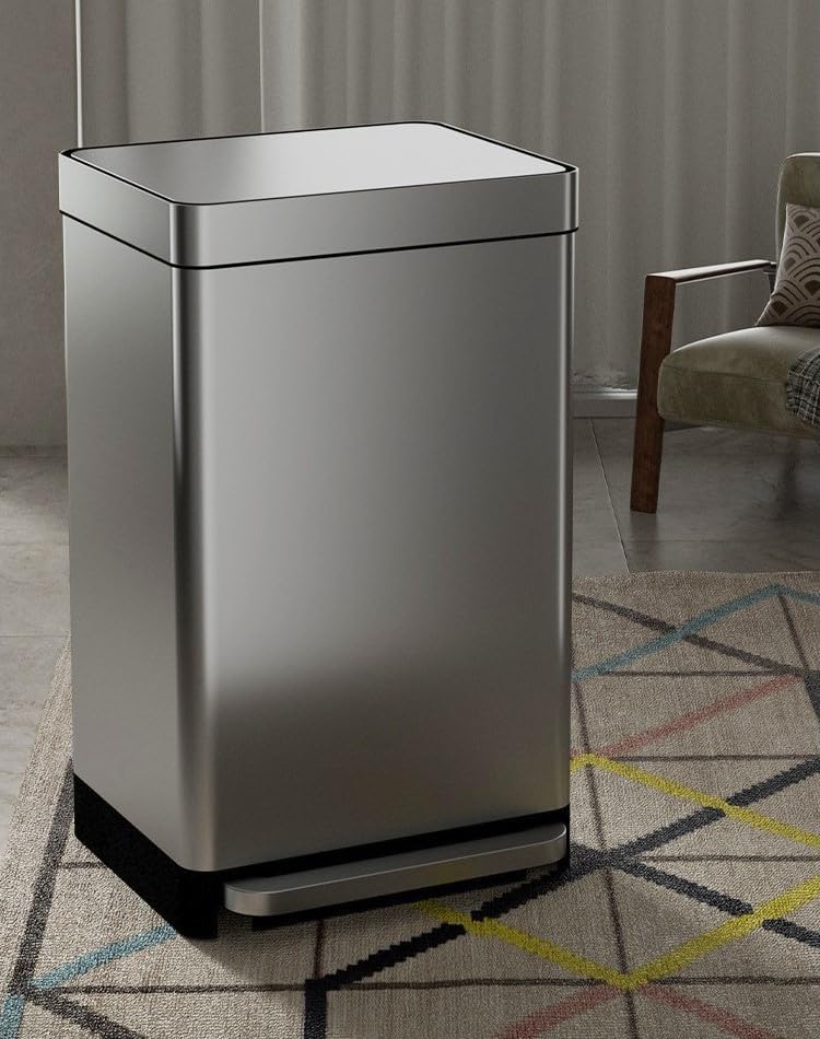 SKY-TOUCH 50L Stainless Steel Trash Can : Heavy Duty Metal Garbage Bin with Foot Pedal and Removable Inner Bucket Fingerprint Proof Pedal Rubbish Bin for Home Office (with 50pcs 80*100 cm Trash Bags)