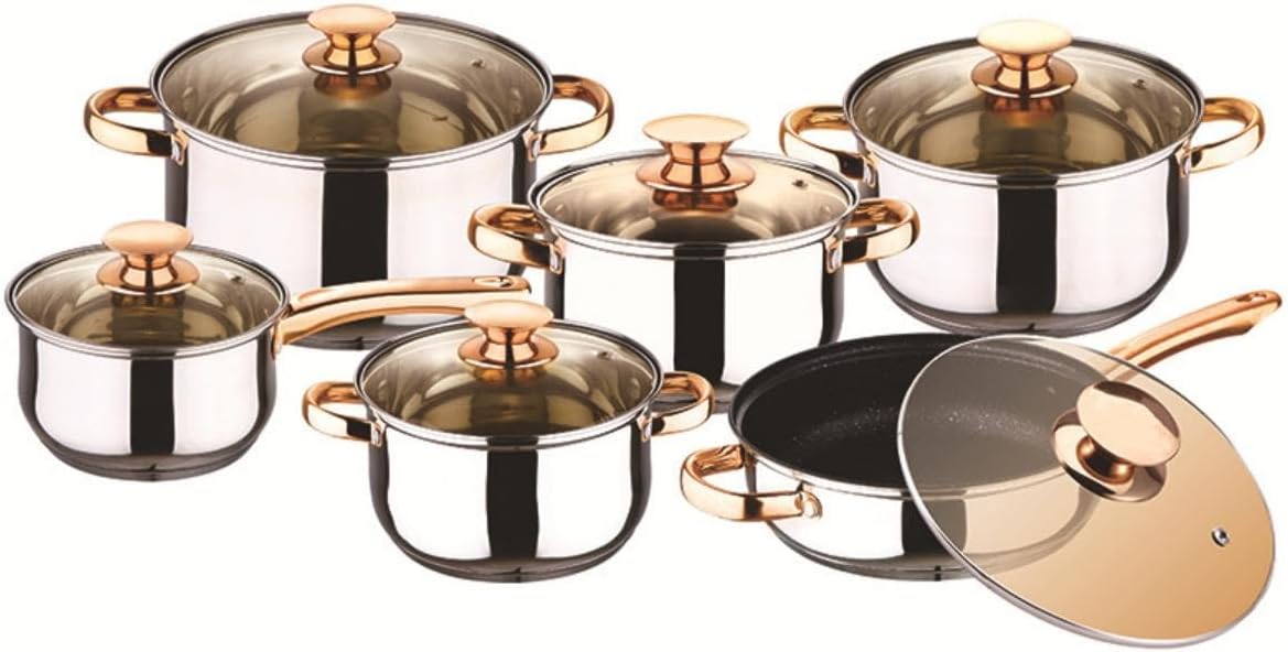 SKY-TOUCH 12PCS Stainless Steel Cookware Set : Thickened Multi-Layer Heavy Pots & Pans Setve with Tempered Glass Lids Fast Heating & Easy to Clean Kitchen Essentials for Cooking (Golden Brown)