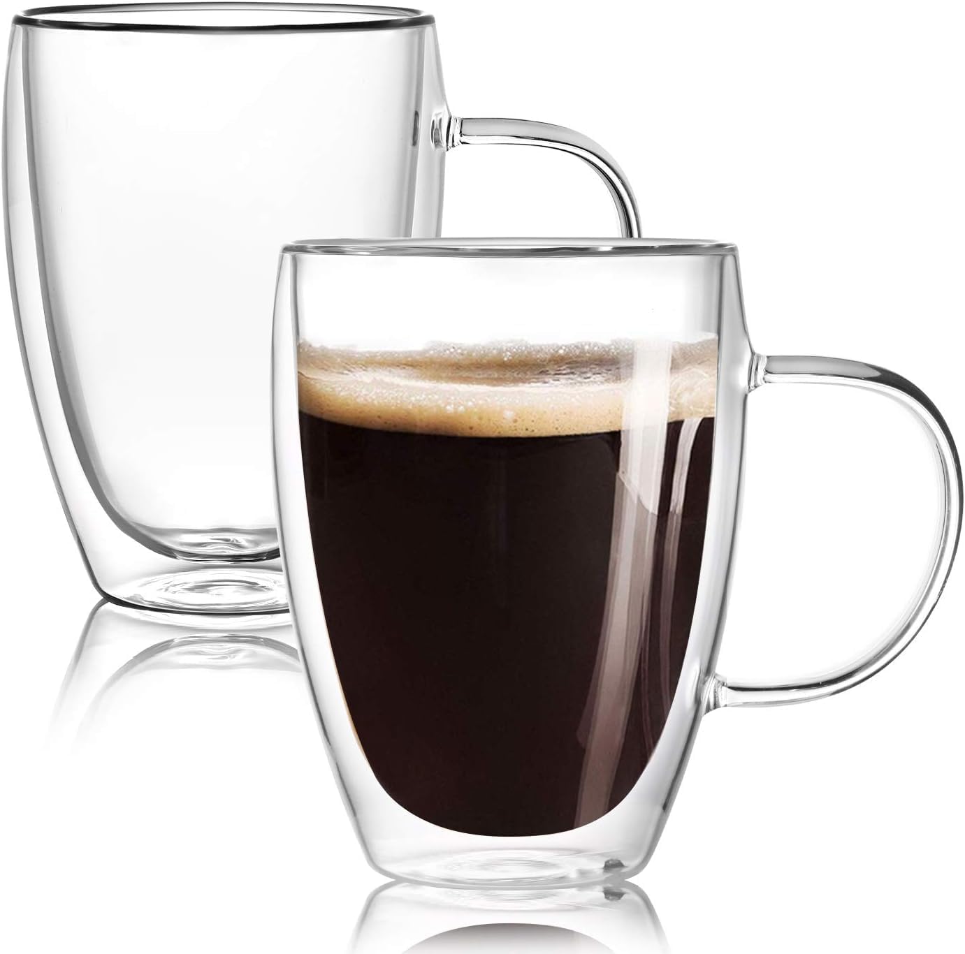 SKY-TOUCH 2Pack 450ml Double Wall Glass Coffee Mugs : Insulated Layer Clear Coffee Cups with Handle for Hot Beverage Cold Drinks Tea Espresso Cappuccino Latte Americano Juice