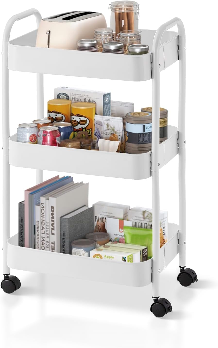 SKY-TOUCH 3-Tier Kitchen Storage Trolley on Wheels Rolling Utility Carts Mobile Storage Serving Trolley Metal Cart for Dining Room, Bathroom, Laundry, Living Room, Organizer (White) 40×30×77 cm
