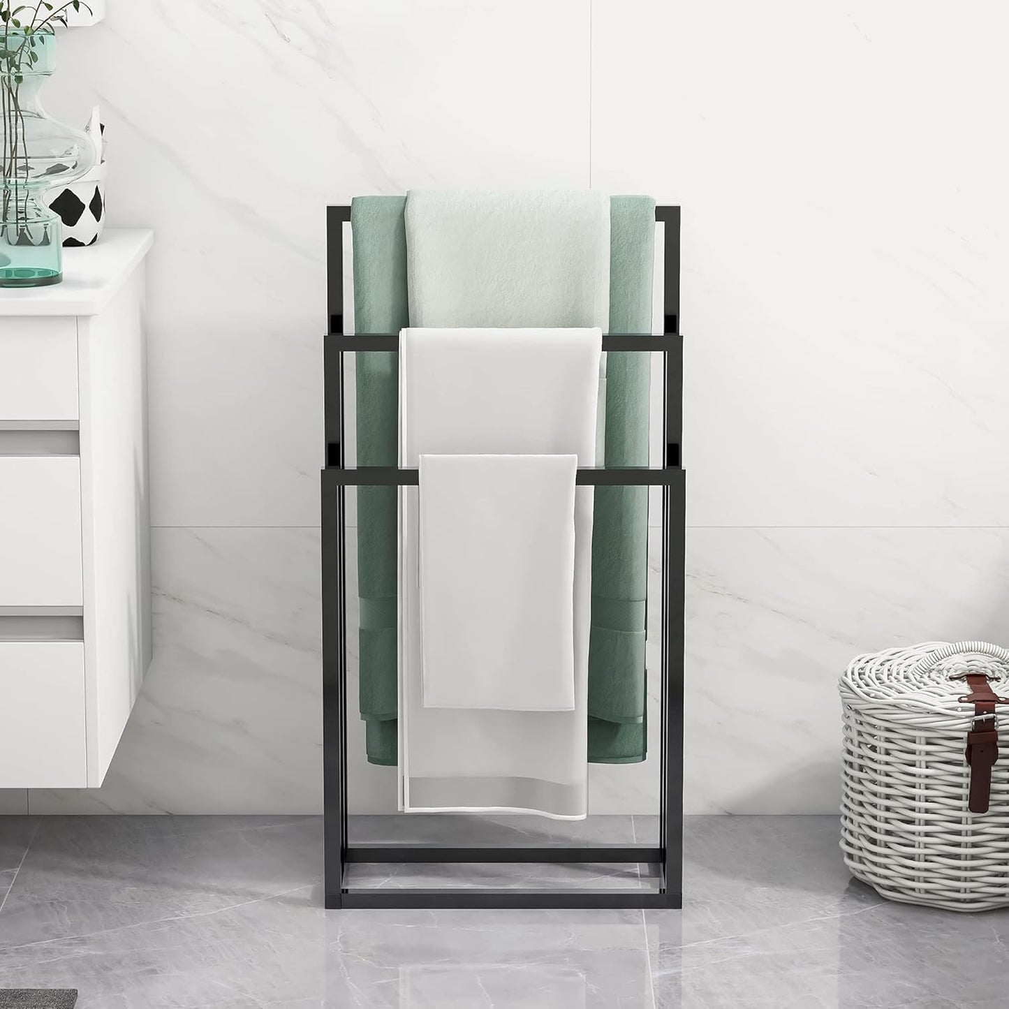 SKY-TOUCH 3 Tiers Metal Towel Rack : Freestanding Floor Towel Rack Stand Washcloths Drying Storage Display Rack for Bathroom Tub Shower Poolside (86 * 44 * 21cm Black)