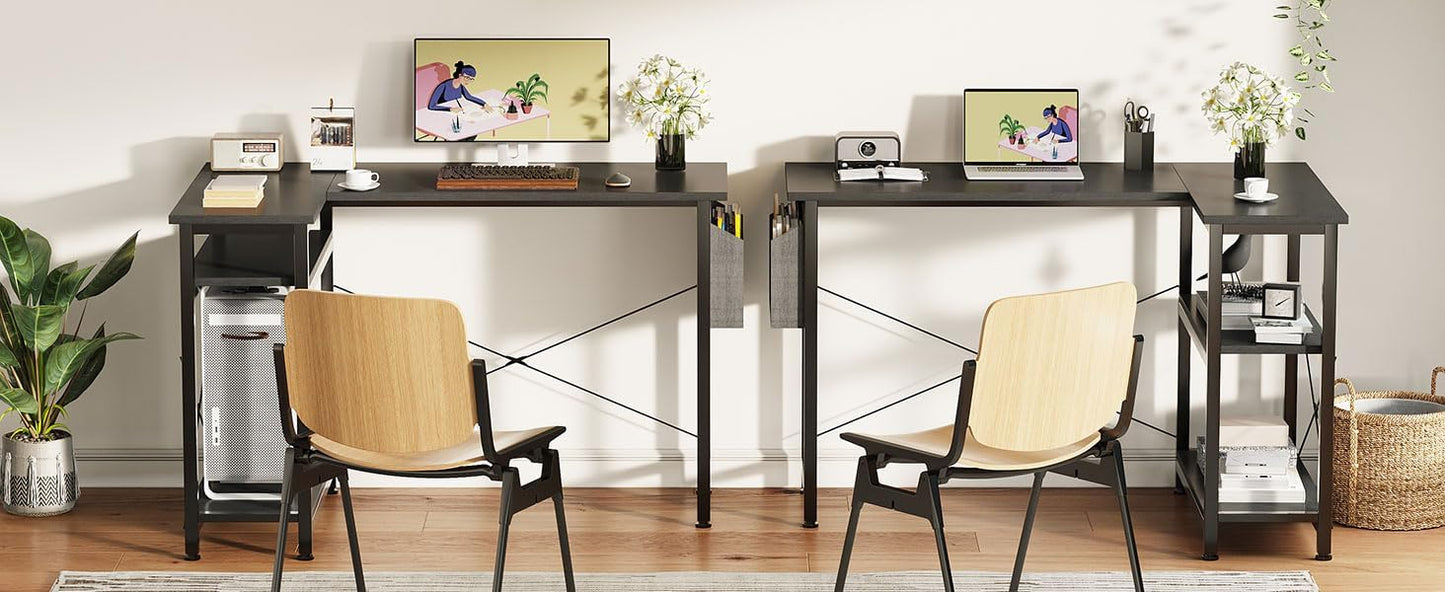 SKY-TOUCH L-Shaped Computer Desk,Study Desk,Corner Gaming Table,with Storage Bag&Storage Shelves,Modern Study Writing Table for Home,Office,Workstation, Office Design,46.5x31.5x29 inch,Black