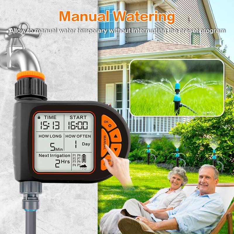 SKY-TOUCH Smart Water Timer, Waterproof Sprinkler Timer, Programmable Irrigation Controller with Rain Sensor, Manual & Automatic Watering Modes, LCD Display, Child Lock, for Outdoor Garden Lawn