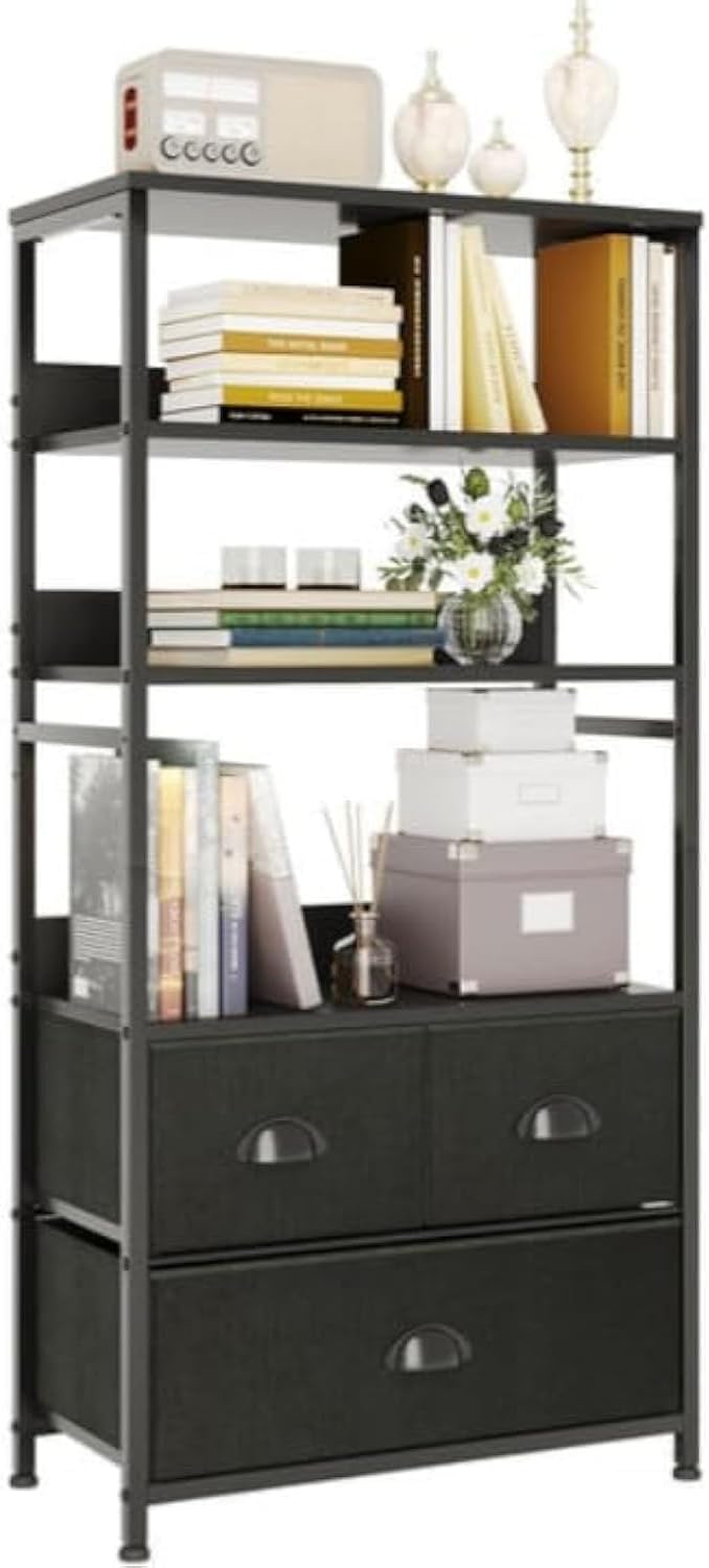 SKY-TOUCH 4-Tier Storage Drawer Shelf with 3 Fabric Drawers – Black Metal Frame with Wood Top,– Ideal for Books, Photos, and Decorations in Living Room, Office, Bedroom, and Kitchen,Black 120x58x29cm