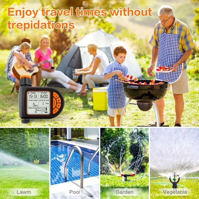 SKY-TOUCH Smart Water Timer, Waterproof Sprinkler Timer, Programmable Irrigation Controller with Rain Sensor, Manual & Automatic Watering Modes, LCD Display, Child Lock, for Outdoor Garden Lawn