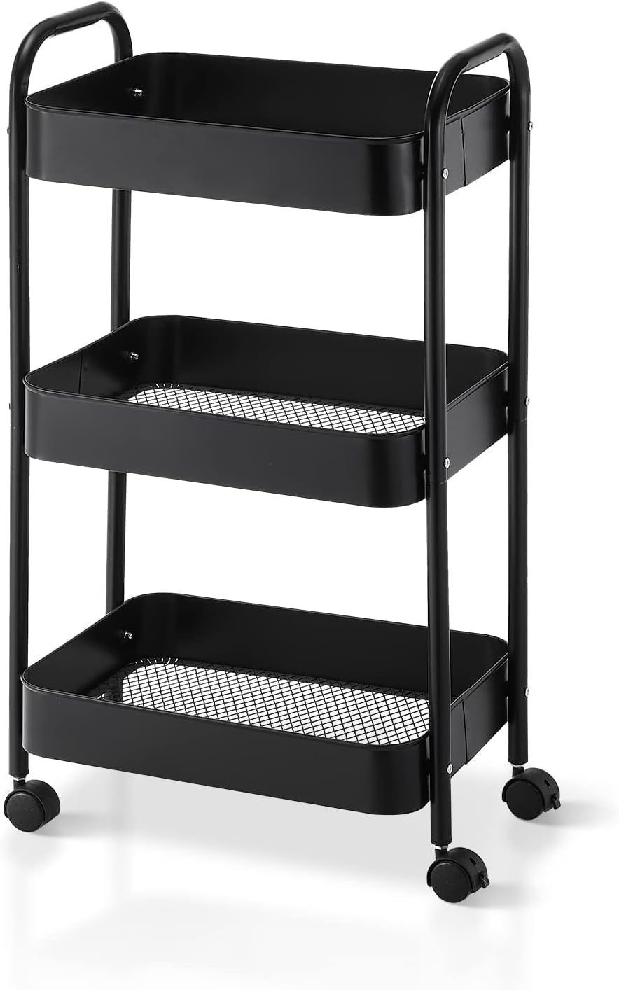 SKY-TOUCH 3-Tier Kitchen Storage Trolley on Wheels Rolling Utility Carts Mobile Storage Serving Trolley Metal Cart for Dining Room, Bathroom, Laundry, Living Room, Organizer (Black) 40×30×77 cm