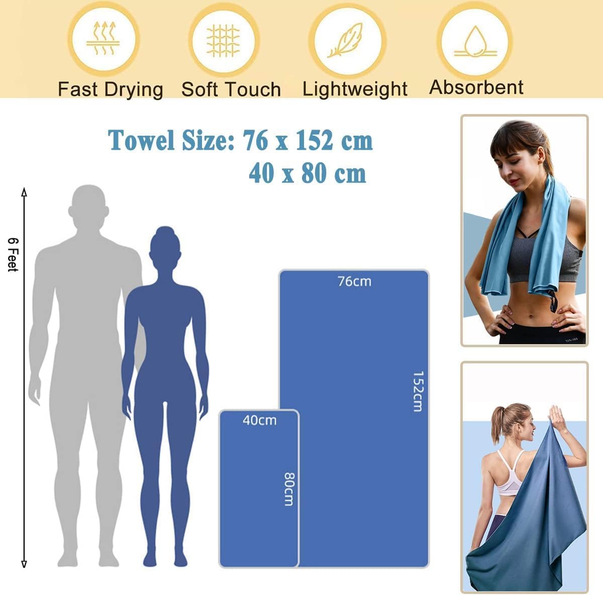 SKY-TOUCH 2 Sizes Quick Dry Camping Towel Set: Super Absorbent Yoga Gym Towel with Bag Compact Microfiber Towel for Beach Gym Yoga Pool Travel Backpacking Camping Sports Swim (76×152CM 40×80CM Grey)