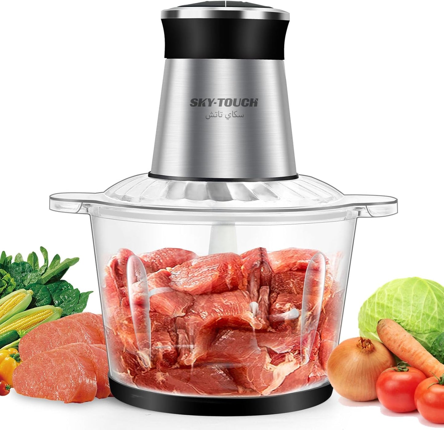 SKY-TOUCH 3L Electric Grinder Chopper|300W Meat Processor|Multi Food Chopper|2 Speed Levels|4 Sharp Blades|for Meat Vegetables Fruits and Nuts|26*26*28cm|Use NOTED:2min Overheat Protection|Detachable