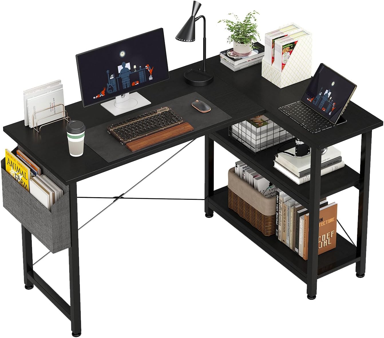 SKY-TOUCH L-Shaped Computer Desk,Study Desk,Corner Gaming Table,with Storage Bag&Storage Shelves,Modern Study Writing Table for Home,Office,Workstation, Office Design,46.5x31.5x29 inch,Black