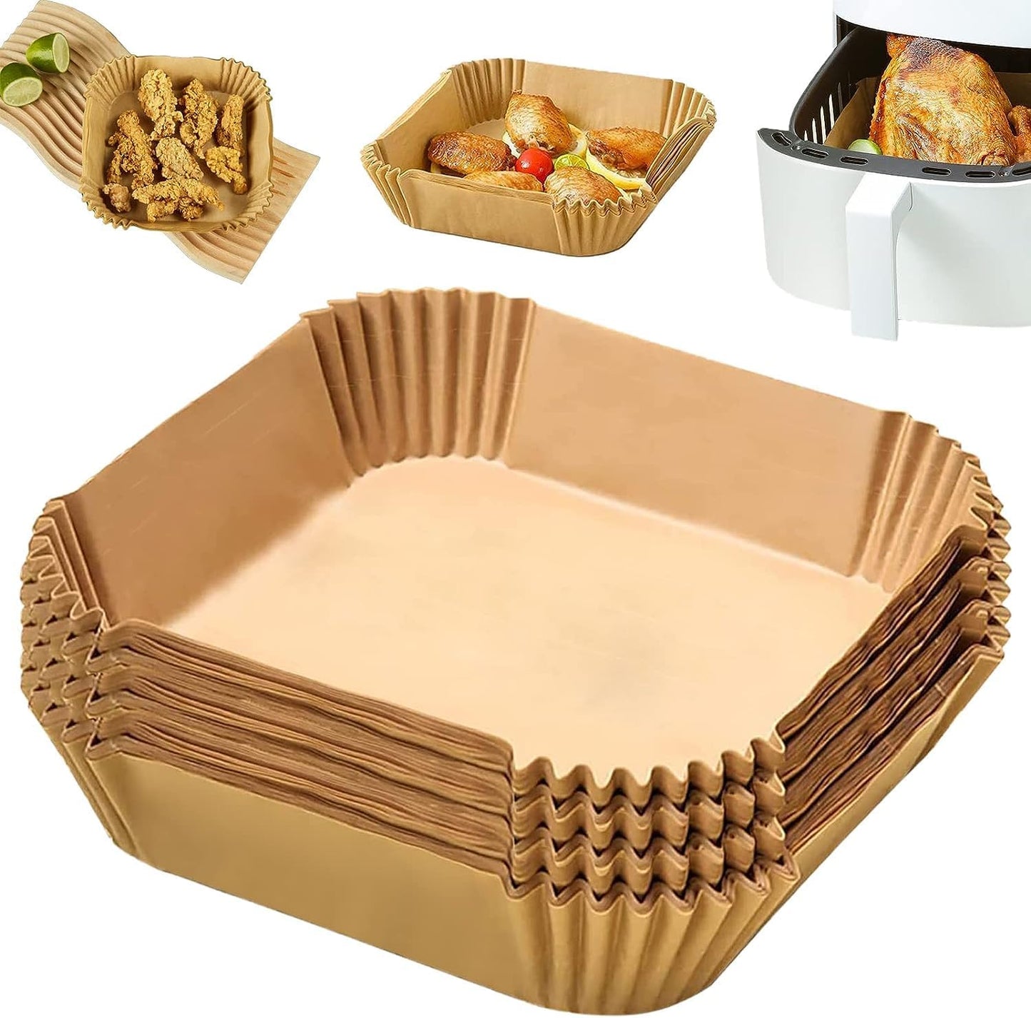 SKY-TOUCH 100pcs Air Fryer Disposable Paper Liners,Non Stick Parchment Paper for Air Fryer Liners,Square Food Grade Baking Paper for Air Fryer,16cm/6.3inch,Brown