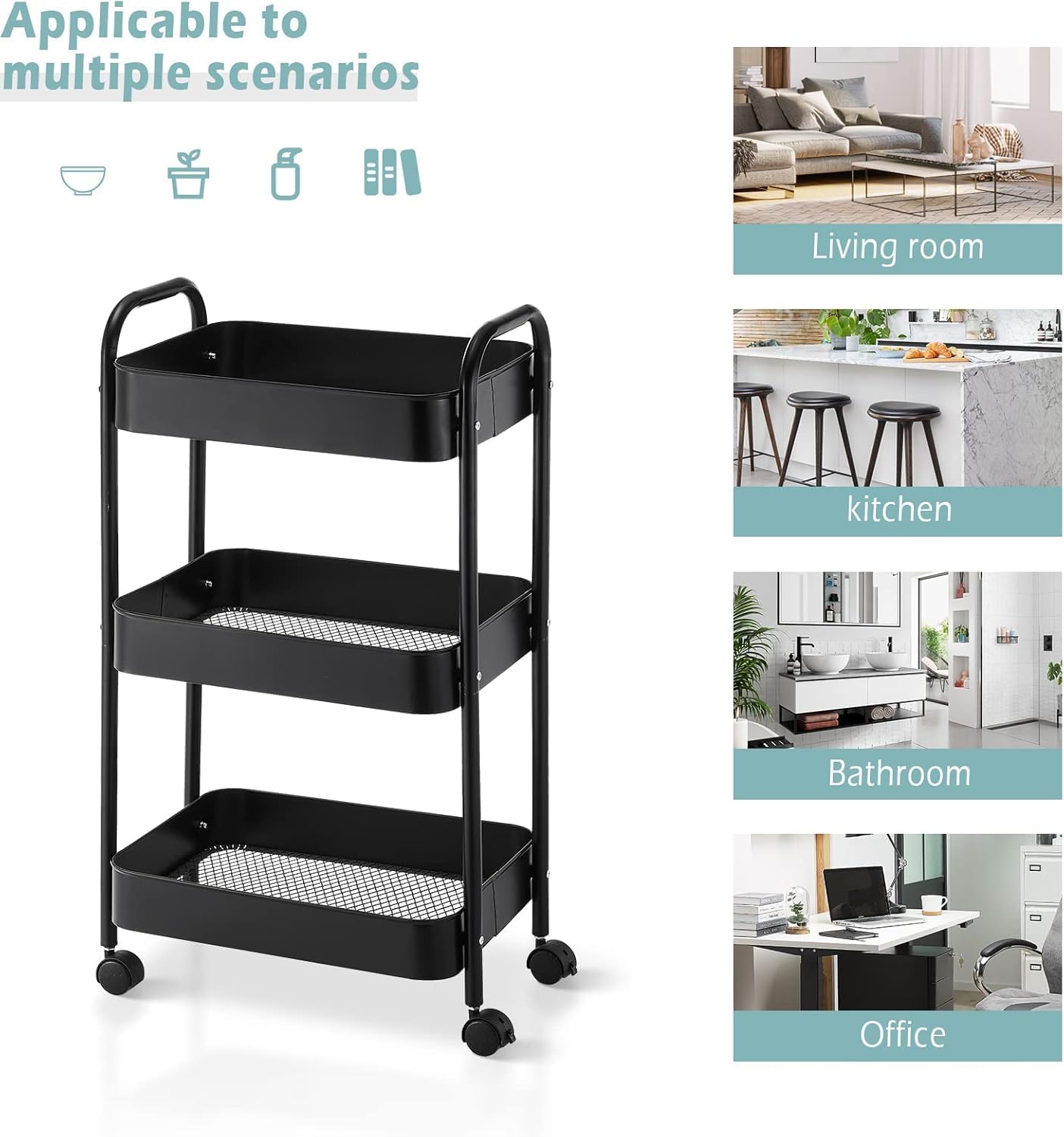 SKY-TOUCH 3-Tier Kitchen Storage Trolley on Wheels Rolling Utility Carts Mobile Storage Serving Trolley Metal Cart for Dining Room, Bathroom, Laundry, Living Room, Organizer (Black) 40×30×77 cm