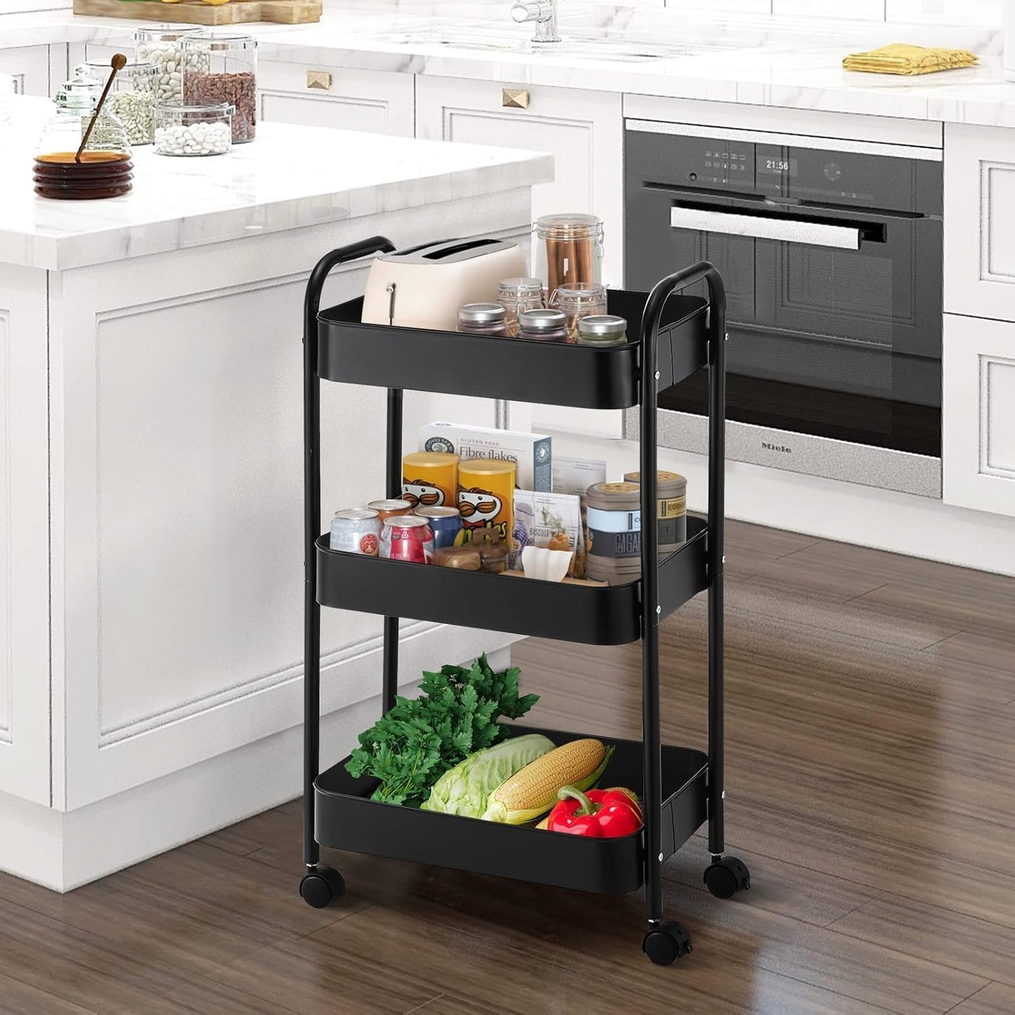 SKY-TOUCH 3-Tier Kitchen Storage Trolley on Wheels Rolling Utility Carts Mobile Storage Serving Trolley Metal Cart for Dining Room, Bathroom, Laundry, Living Room, Organizer (Black) 40×30×77 cm