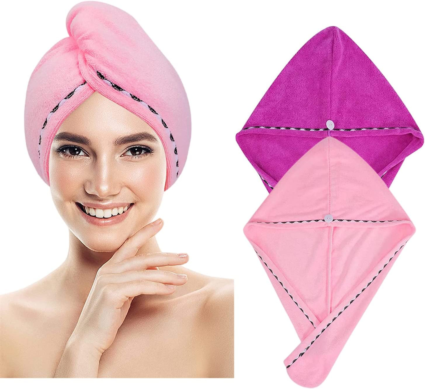 2 Pack Hair Drying Towels, Microfiber Hair Dry Cap Absorbent Fast Drying Hair Turbans With Elastic Loop and button, Hair Towel Wrap Quick Dry for Women Wet Hair (Pink, Rose Red)