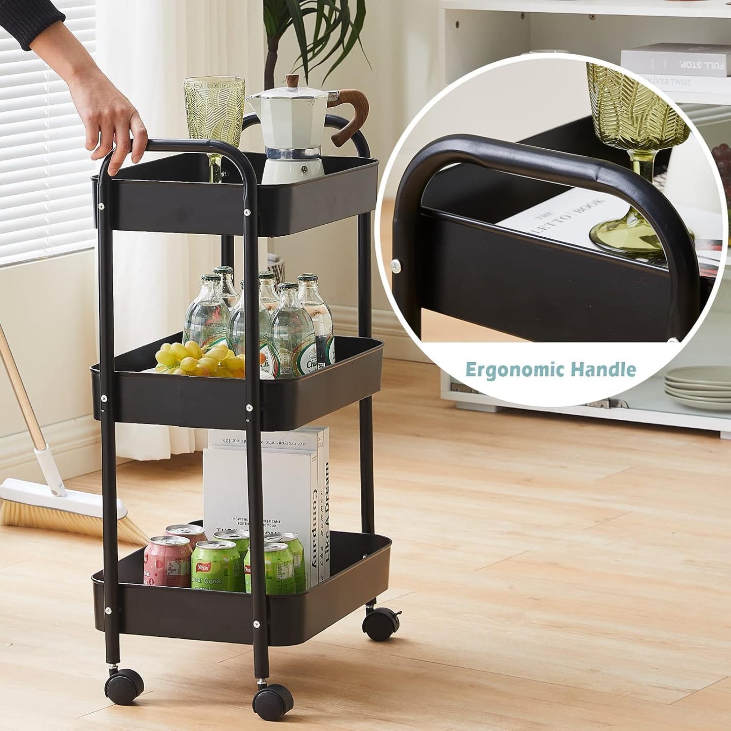 SKY-TOUCH 3-Tier Kitchen Storage Trolley on Wheels Rolling Utility Carts Mobile Storage Serving Trolley Metal Cart for Dining Room, Bathroom, Laundry, Living Room, Organizer (Black) 40×30×77 cm