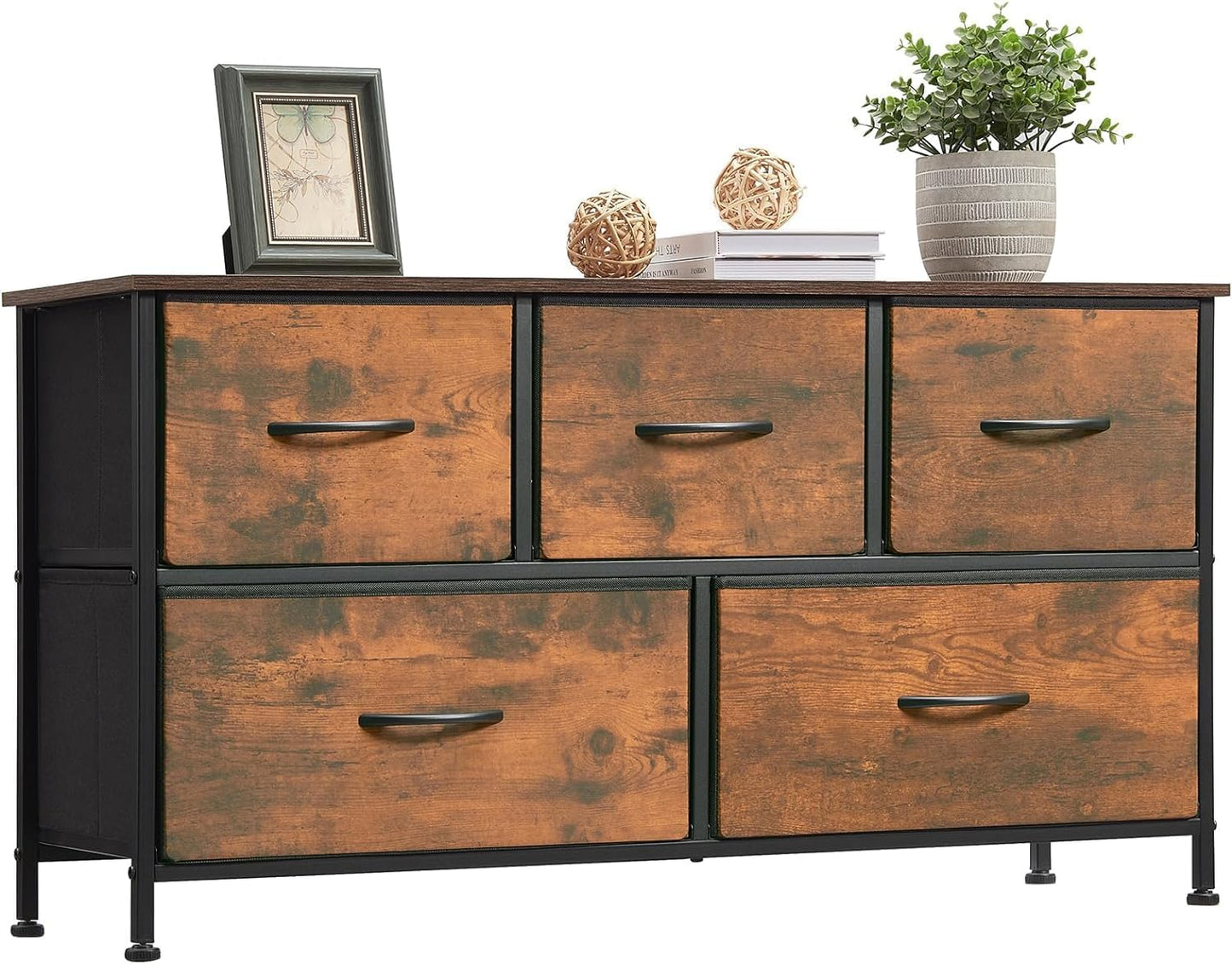 SKY-TOUCH Storage Cabinet : Bedroom Dresser with 5 Drawers Wide Storage Chest with Removable Fabric Bins Storage Organizer Unit for Living Room Entryway Hallway Nursery Kids Room (100*30*52CM Brown)