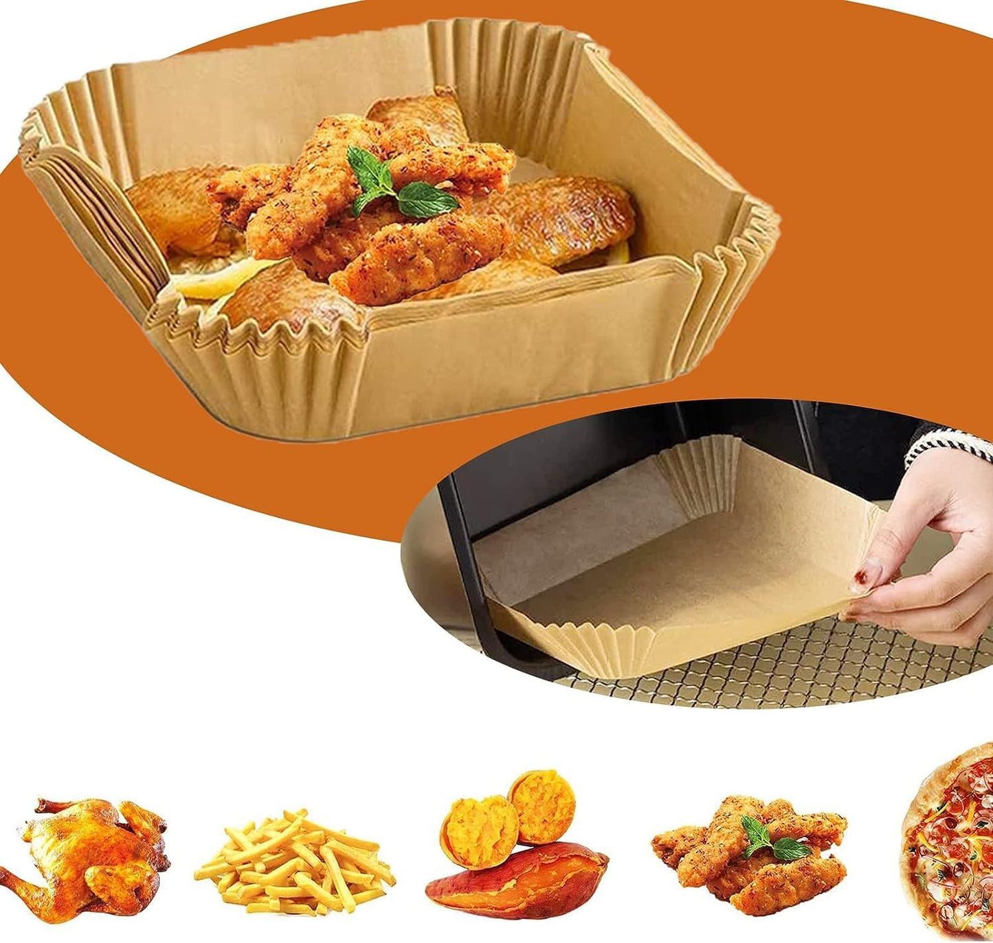 SKY-TOUCH 100pcs Air Fryer Disposable Paper Liners,Non Stick Parchment Paper for Air Fryer Liners,Square Food Grade Baking Paper for Air Fryer,16cm/6.3inch,Brown