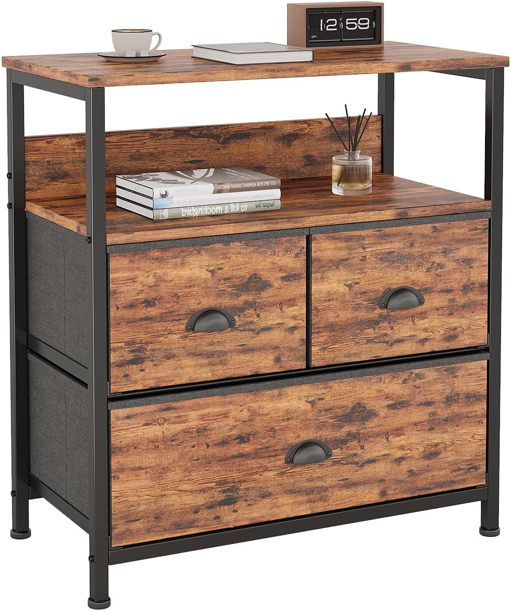 SKY-TOUCH 3 Fabric Drawer Nightstand Storage Chest Unit Home Cabinet w/Shelves Home Living Room Bedroom Entryway Living Furniture, Tiger Wood,22.8 * 11.4 * 24.8 inch