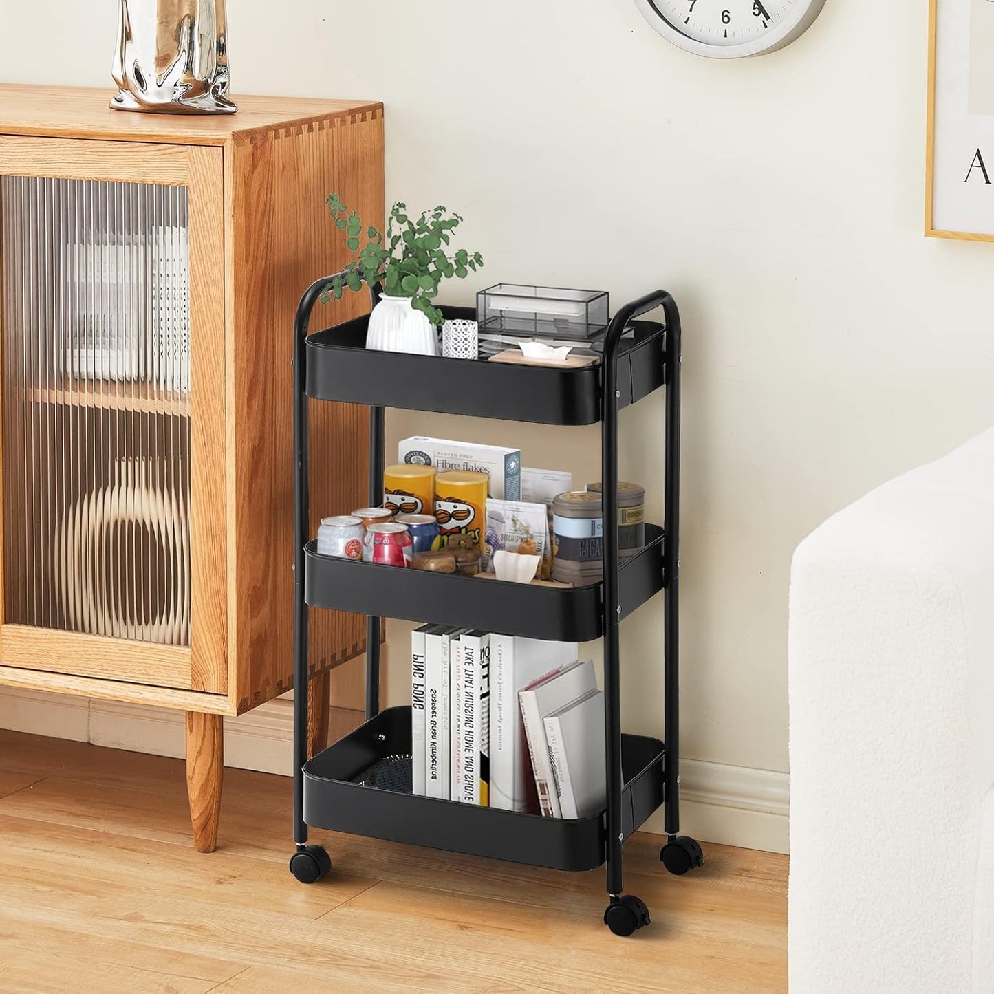 SKY-TOUCH 3-Tier Kitchen Storage Trolley on Wheels Rolling Utility Carts Mobile Storage Serving Trolley Metal Cart for Dining Room, Bathroom, Laundry, Living Room, Organizer (Black) 40×30×77 cm