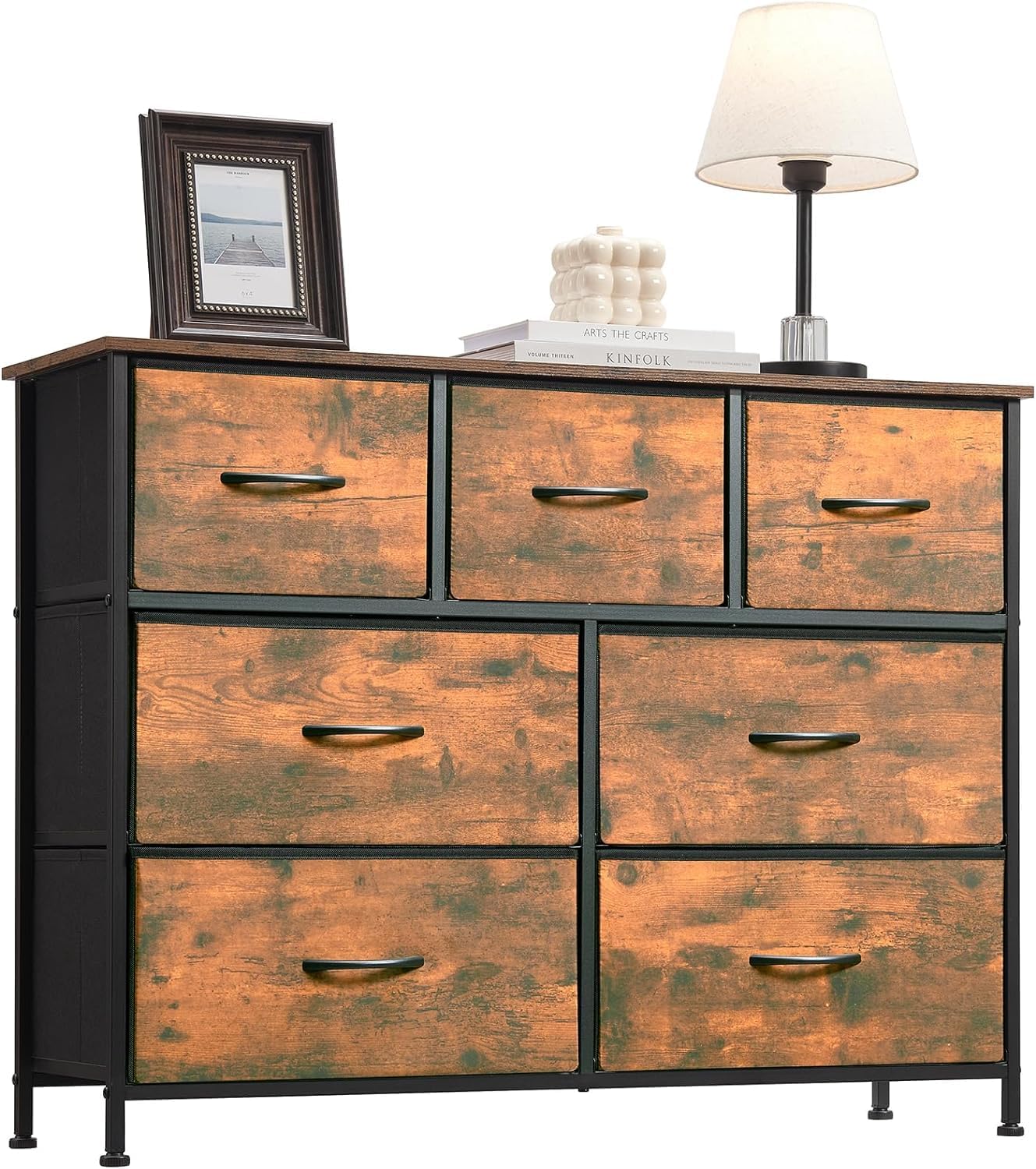 SKY-TOUCH Storage Cabinet : Bedroom Dresser with 7 Drawers Wide Storage Chest with Removable Fabric Bins Storage Organizer Unit for Living Room Entryway Hallway Nursery Kids Room (100*30*74CM Brown)