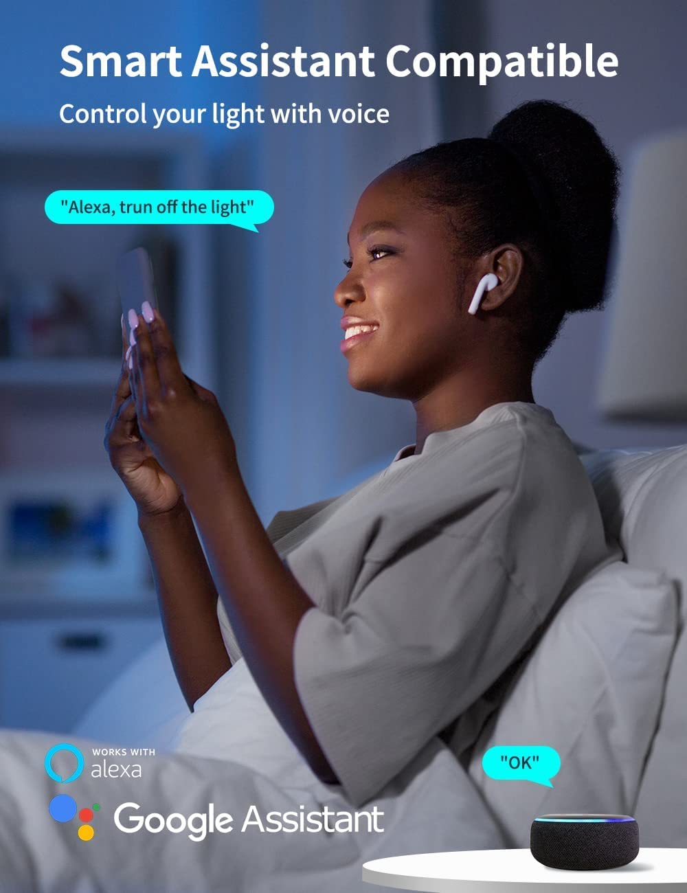 SKY-TOUCH 1 pcs Alexa WiFi Smart Led Bulb E27 Remote RGB Control Color,Multi Color Changing Dimmable Smart Wifi And Bluetooth Compatible Google Home Assistant,AC 190-24V,50/60HZ,10W,2700k-6500K