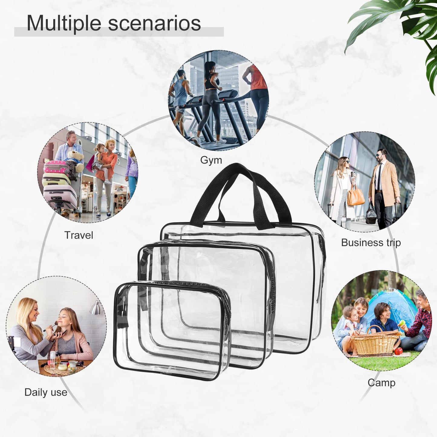 SKY-TOUCH 3-Piece Clear Cosmetic Bag Set, Portable Zippered Toiletry Bags with Carry Handle, Waterproof Travel and Bathroom Storage Pouches, Black