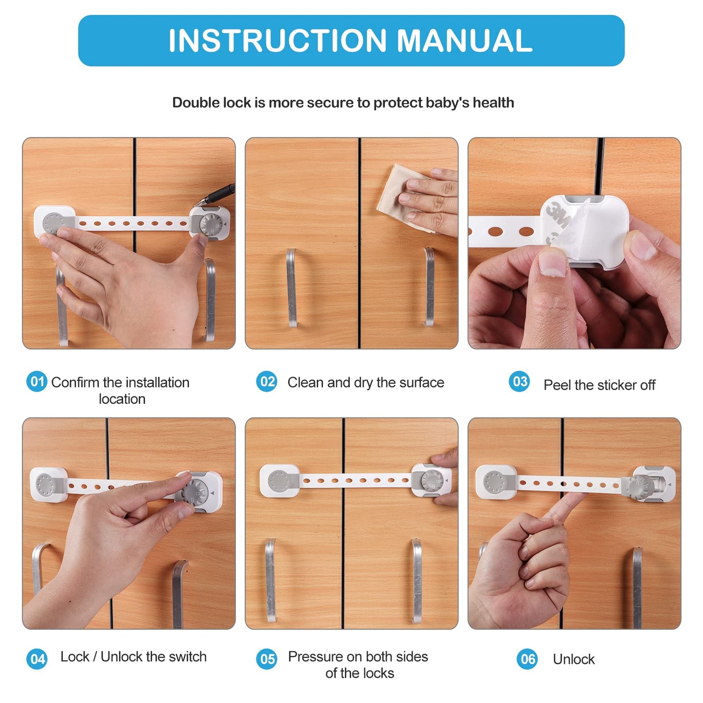 SKY-TOUCH Child Safety Strap Locks, Baby Safety Locks, Multi-Functional Adjustable Double Button Baby Anti-Clip Latch System for Drawers, Fridge, Closet Doors Etc, Easy Installation (Pack Of 6)