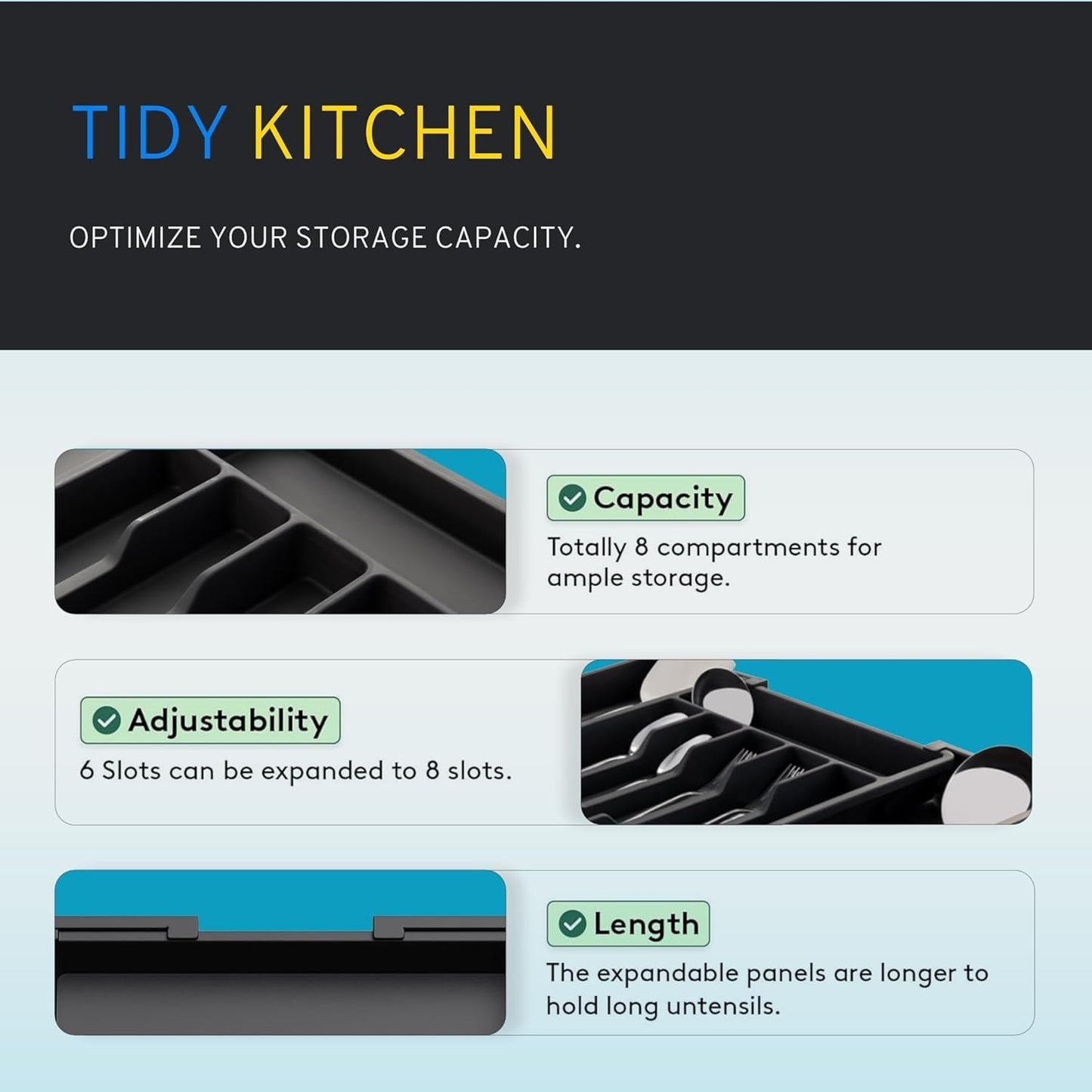 SKY-TOUCH Expandable Cutlery Drawer Organizer – Adjustable Utensil Tray for Kitchen Drawers, Fits Up to 57cm, Compact Silverware & Flatware Storage for Spoons, Forks, Knives – Black,38 * 34 * 5cm