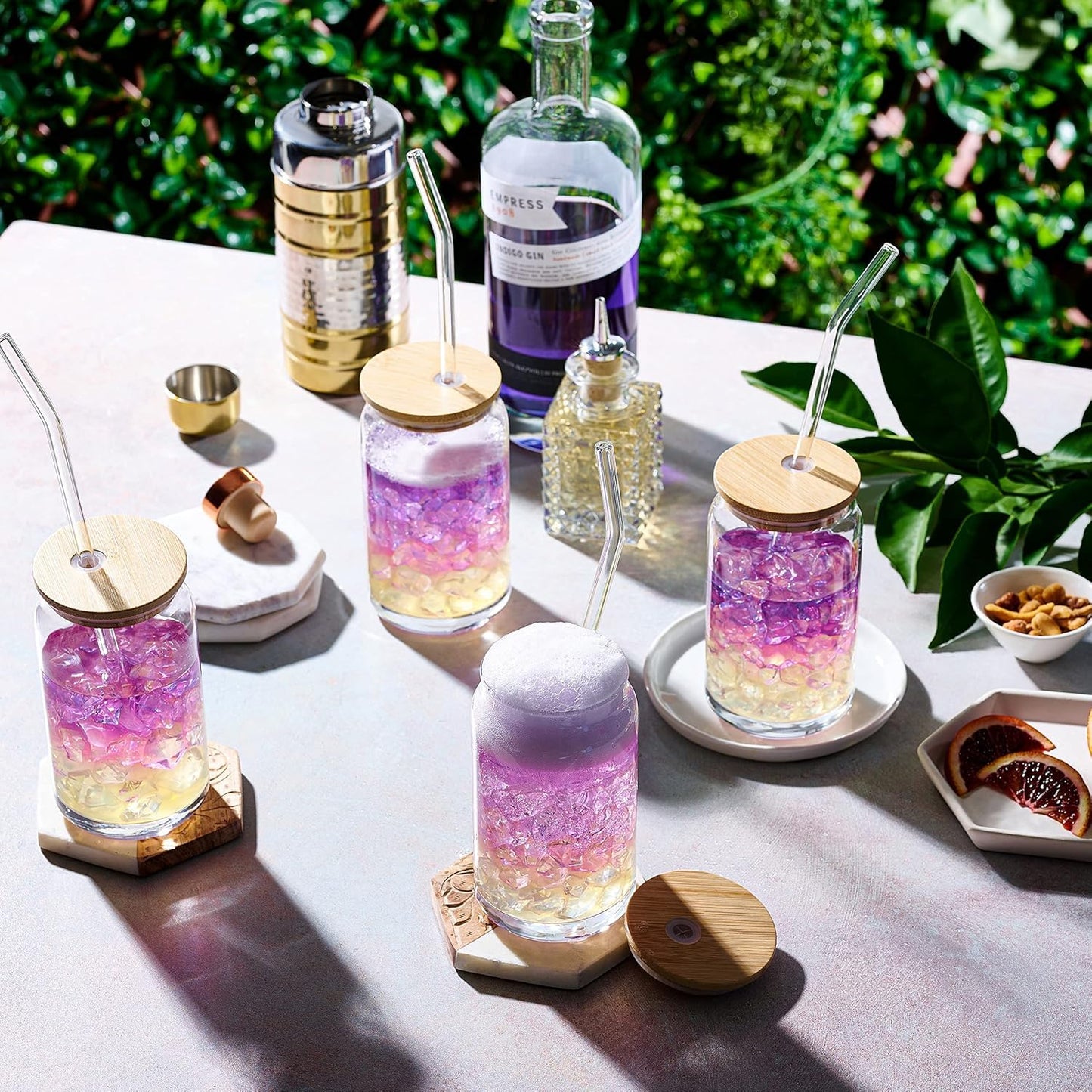 SKY-TOUCH 2 Pcs 550ml Glass Cups with Bamboo Lids and Straws, Clear Iced Coffee Glasses Set, Cute Aesthetic Reusable Drinking Tumblers for Tea, Coffee, Smoothie, Soda