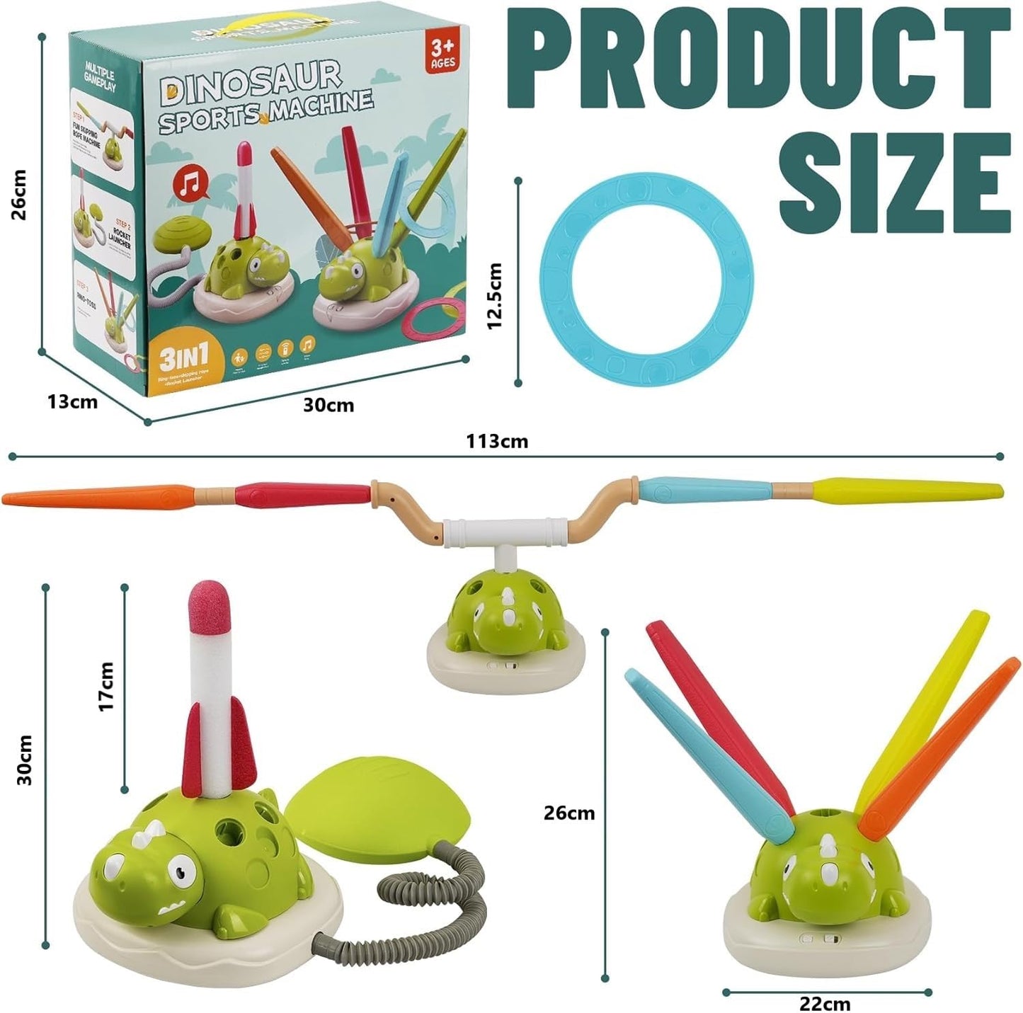 SKY-TOUCH 3-in-1 Dinosaur Stomp Rocket Launcher Toy with Music, Ring Toss & Jump Game, Remote Control Indoor Outdoor Active Play Educational Toys for Kids Ages 3-8, Birthday Gift for Boys and Girls
