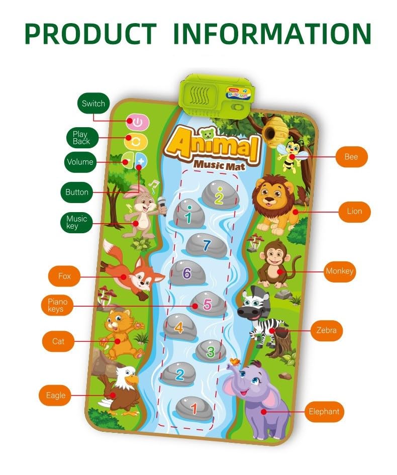 SKY-TOUCH Animal Musical Mat for Kids, Baby Early Learning Educational Toys, Montessori Sensory Musical Dance Mat, Touch Play Floor Keyboard Pad, Gifts for Kids 18+ Months (80*50cm)