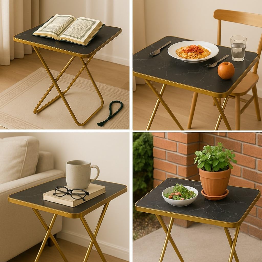 SKY-TOUCH Folding Table, Multi-Purpose Iftar Table with Black Marble-Look Wood Top Gold Metal Frame, for Prayer, Dining, Sofa Side, Outdoor & Bedroom, No Assembly, Portable & Space-Saving(60*60*70cm)