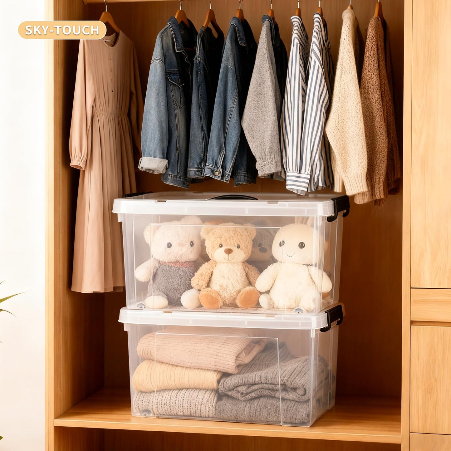 SKY-TOUCH Clear Plastic Storage Box with Lockable Lid & Wheels,Plastic Organizer Bin with Handles,for Storing Clothes, Toys, Tools