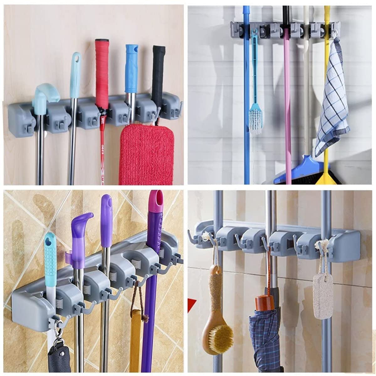 SKY-TOUCH Mop and Broom Holder, Wall Mounted Organizer Mop and Broom Saving Space Storage Rack For Kitchen Garden And Garage,Laundry Offices,5 Position With 6 Hooks