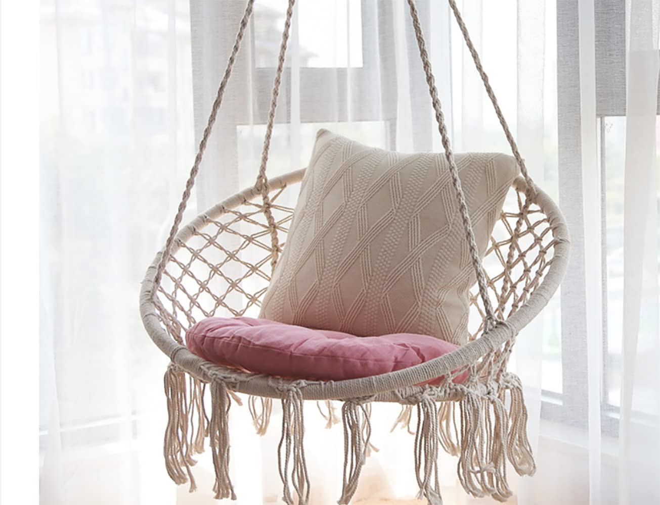 SKY-TOUCH Hanging Hammock Chair,Comfortable Sturdy Macrame Hanging Swing Chair,Knitted by Cotton Rope with Romantic Fringes For Indoor Outdoor Bedroom Patio Yard Garden Balcony 80×80×42cm creamy-white
