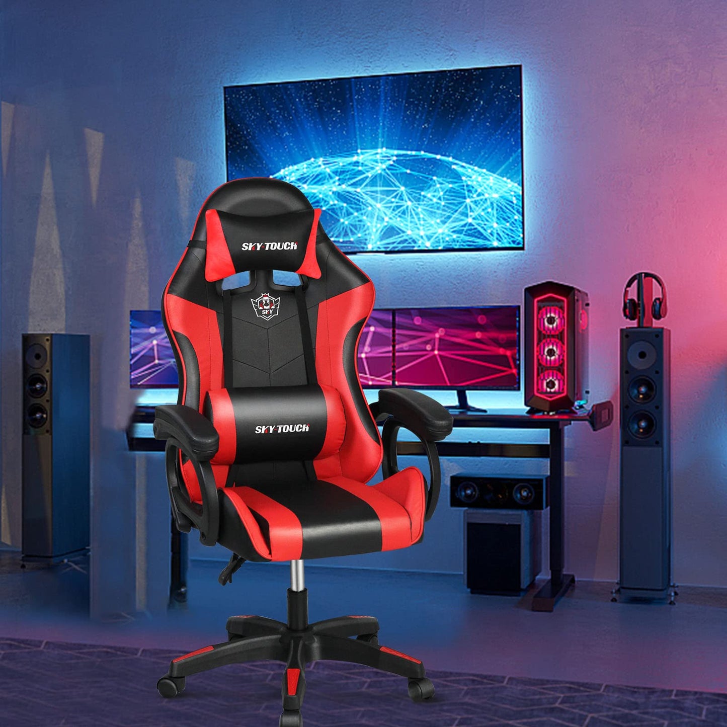 SKY-TOUCH Ergonomic Gaming Desk+Gaming Chair suit,Z Shaped for Pc,with LED Lights Carbon Fiber Surface,Cup Holder and Headphone Hook,Ergonomic design Lumbar Support Adjustable Computer Chair,Red